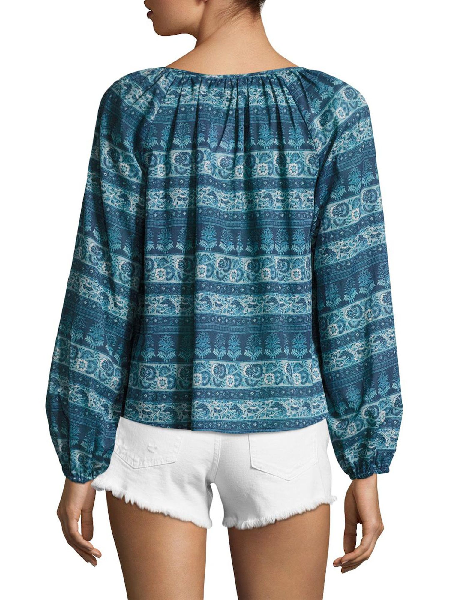 LOVESHACKFANCY Women's Blue Multi Cotton Printed Peasant Blouse 225